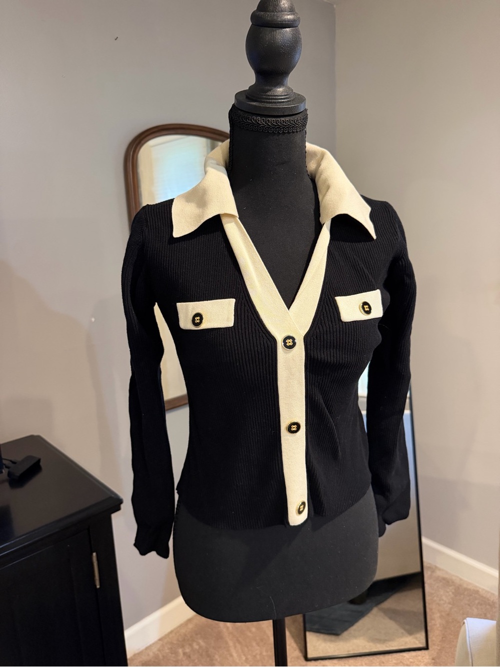 Vici Black and Cream Contrast Ribbed Blazer Jacket